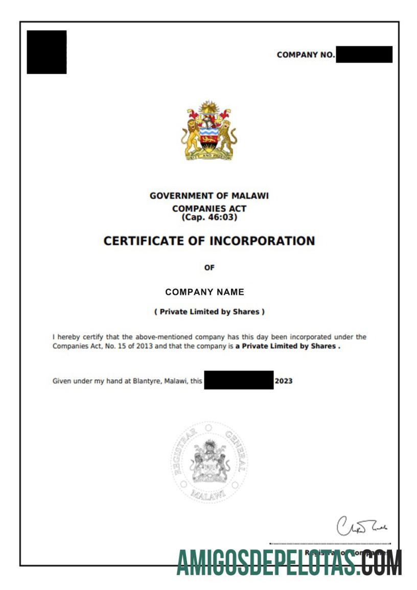 Exemplo de certificado de incorporação do Malawi